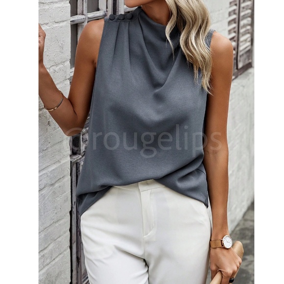 Gray Cowl Draped Pleated Neck Sleeveless Top Blouse Decorative Shoulder Buttons - Picture 6 of 9
